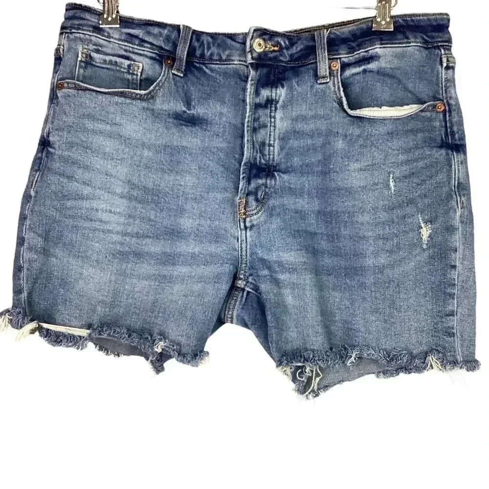 Old Navy Denim Shorts Women 16 Blue O G Straight High Rise Buttonfly Stretch